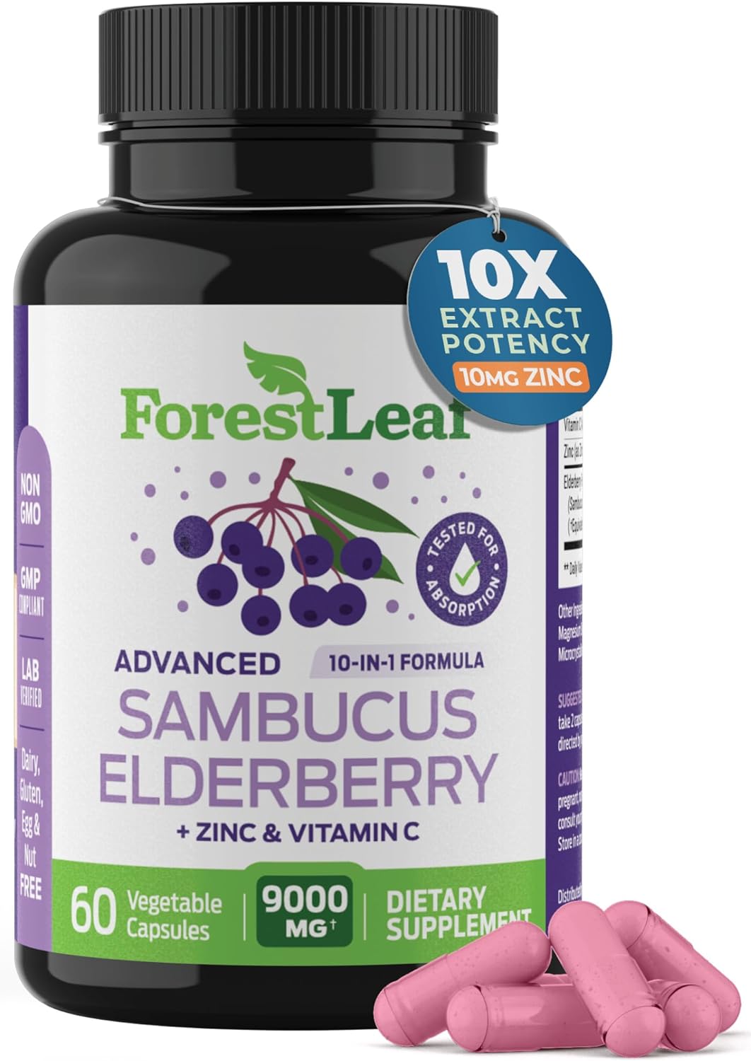 Forestleaf Sambucus Elderberry With Vitamin C And Zinc - 9000Mg Ultra Concentrated 10:1 Extract Elderberry Capsules For