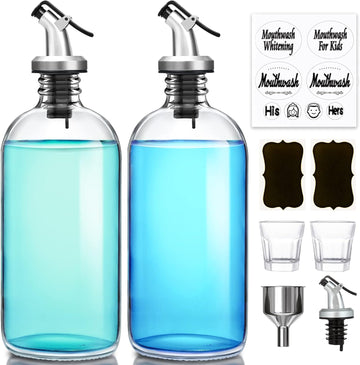 GMISUN Mouthwash Dispenser, 2 Pack 16 Glass Mouthwash Decanter for Bathroom, 2 Refillable Mouthwash Bottles Container, 3 Pour Spouts, 2 Reusable Mouthwash Cups, Preprinted Labels and Funnel