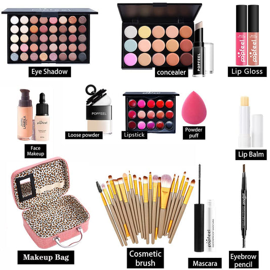 All in one makeup kit for women full kit makeup set for girls teens Eyeshadow Palette, Lip Gloss, Lipstick, Foundation, Mascara, Eyebrow Pencil, Eyeliner, Contour Stick, Powder Puff, Makeup Brushes, Cosmetic Bag