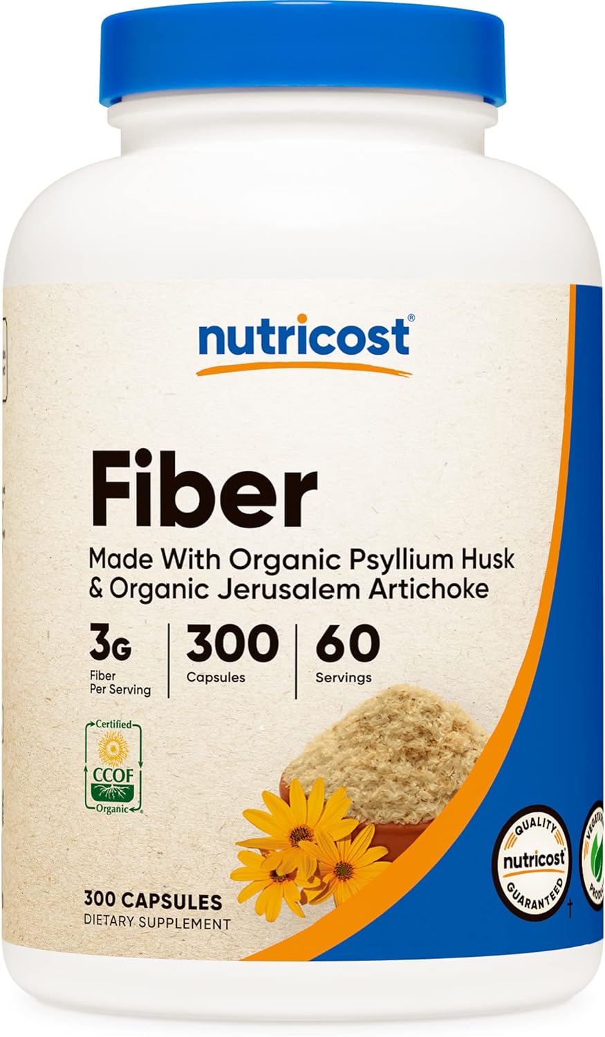 Nutricost Fiber Capsules with Prebiotic Fiber Supplement 300 Capsules - Made with Organic Psyllium Husk & Organic Jerusalem Artichoke, 60 Servings, Gluten Free, 3 G Per Serving