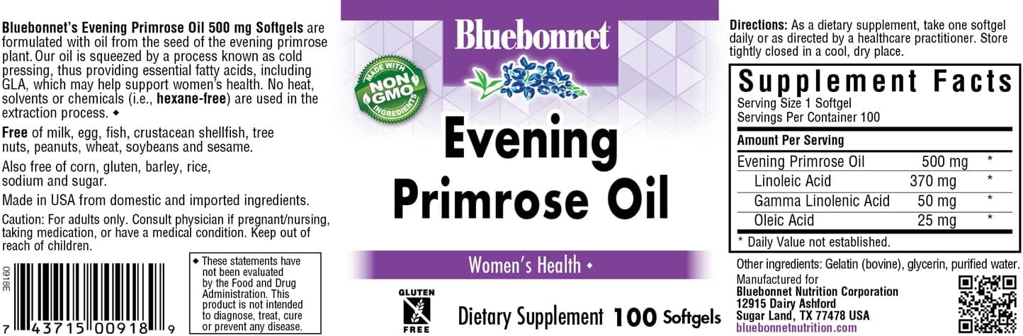 BlueBonnet Evening Primrose Oil Softgels, 500 mg, 100 Count (743715009
