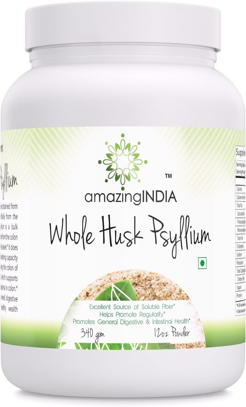 Amazing India USDA Organic Whole Psyllium Husk 16 oz Powder Supplement