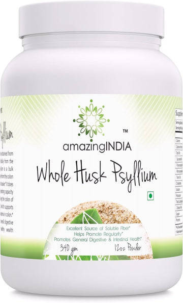 Amazing India USDA Organic Whole Psyllium Husk 16 oz Powder Supplement