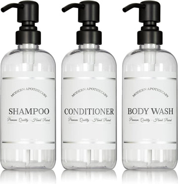 Clear Refillable Shampoo and Conditioner Bottles - Body Wash, Shampoo and Conditioner Dispenser - PET Plastic Shampoo Bottles Refillable with Pump - Waterproof Labels - 16 , 3 Pack (Black Satin)