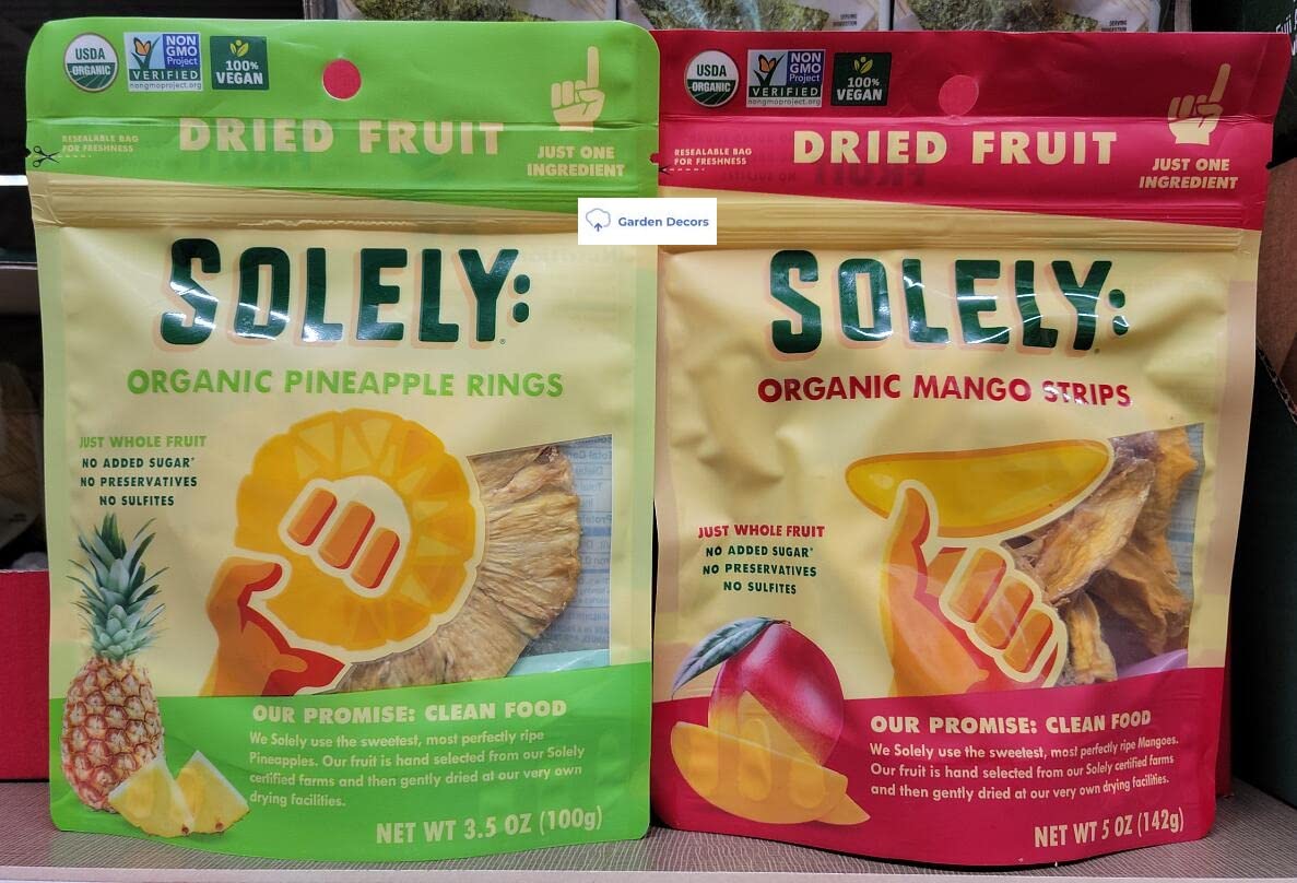 Solely Organic Pineapple Rings & Mango Stripe Dried Fruit 3.5oz 100g (Two Bags)