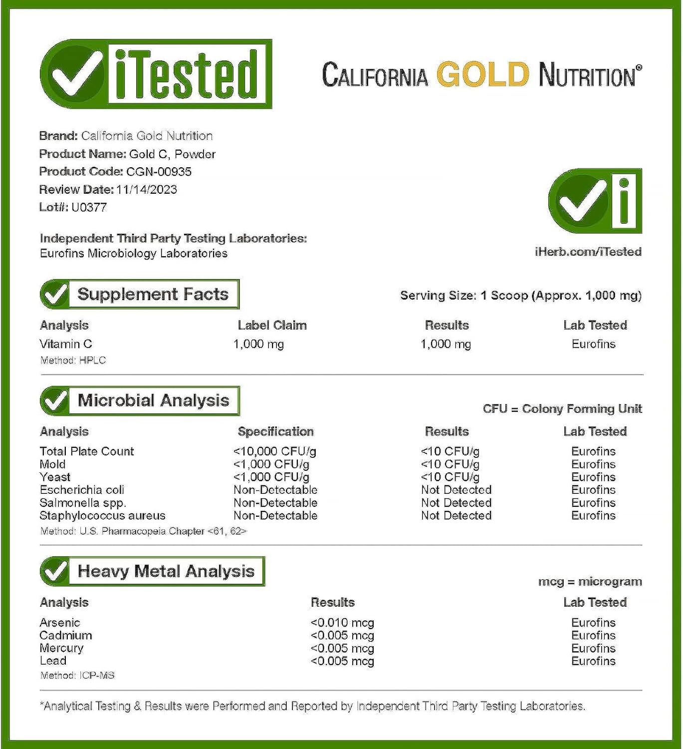 Gold C Powder by California Gold Nutrition - USP Grade Vitamin C Powde