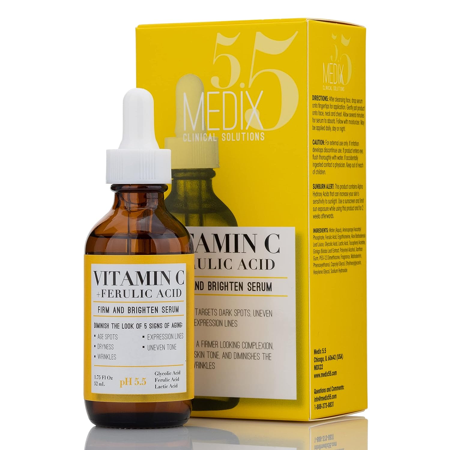 Medix Vitamin C Facial Serum Skin Care Booster For Age Spots, Wrinkles, & Fine Lines. Anti Aging Face Serum W/Glycolic Acid & Hyaluronic Acid Brightens Skin For Healthier Skin Complexion, 1.75