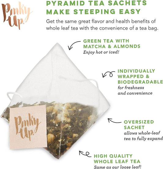 Pinky Up Matcha Ice Cream Whole Leaf Pyramid Tea Sachets - 30 mg Caffeine Per Serving, NON-GMO & Gluten Free, Certified Kosher - 15 Biodegradable Tea Bags