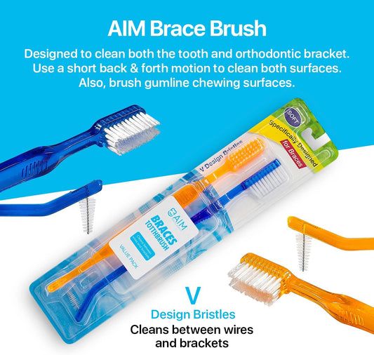 AIM Orthodontic Kit - Orthodontic Bracebrush Toothbrush (Pack of 2), Lip Protector for Braces, Retainer Case, Orthodontic Wax, Orthodontic Oral Care Kit for Travel (Clear)