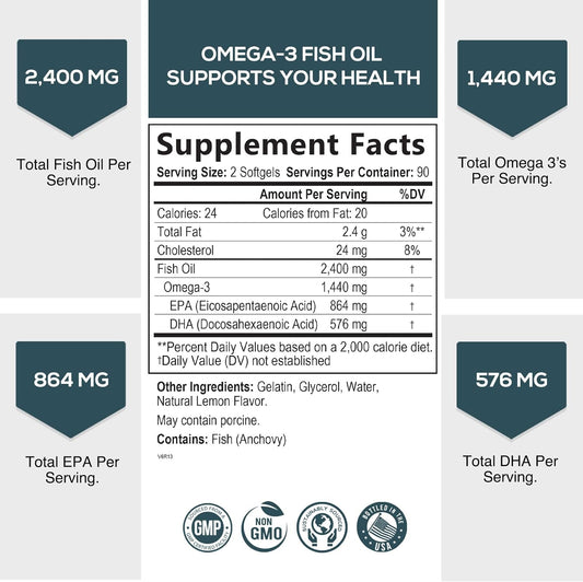 Fish Oil 2400 mg with Omega 3 EPA & DHA - Triple Strength Omega 3 Supplement - Omega 3 Fish Oil Supports Heart Health, N