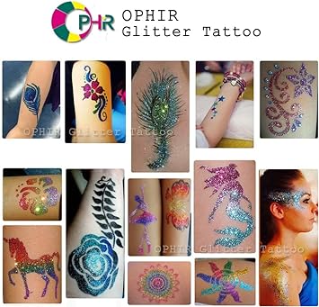 OPHIR Glitter Tattoo Kit 20 Color Glitter Shimmer, 30x Stencils Tattoo Body Art Design Kit for Children,Teenagers & Adults Halloween Party (Size, 20 Glitter and 30x Stenccils)