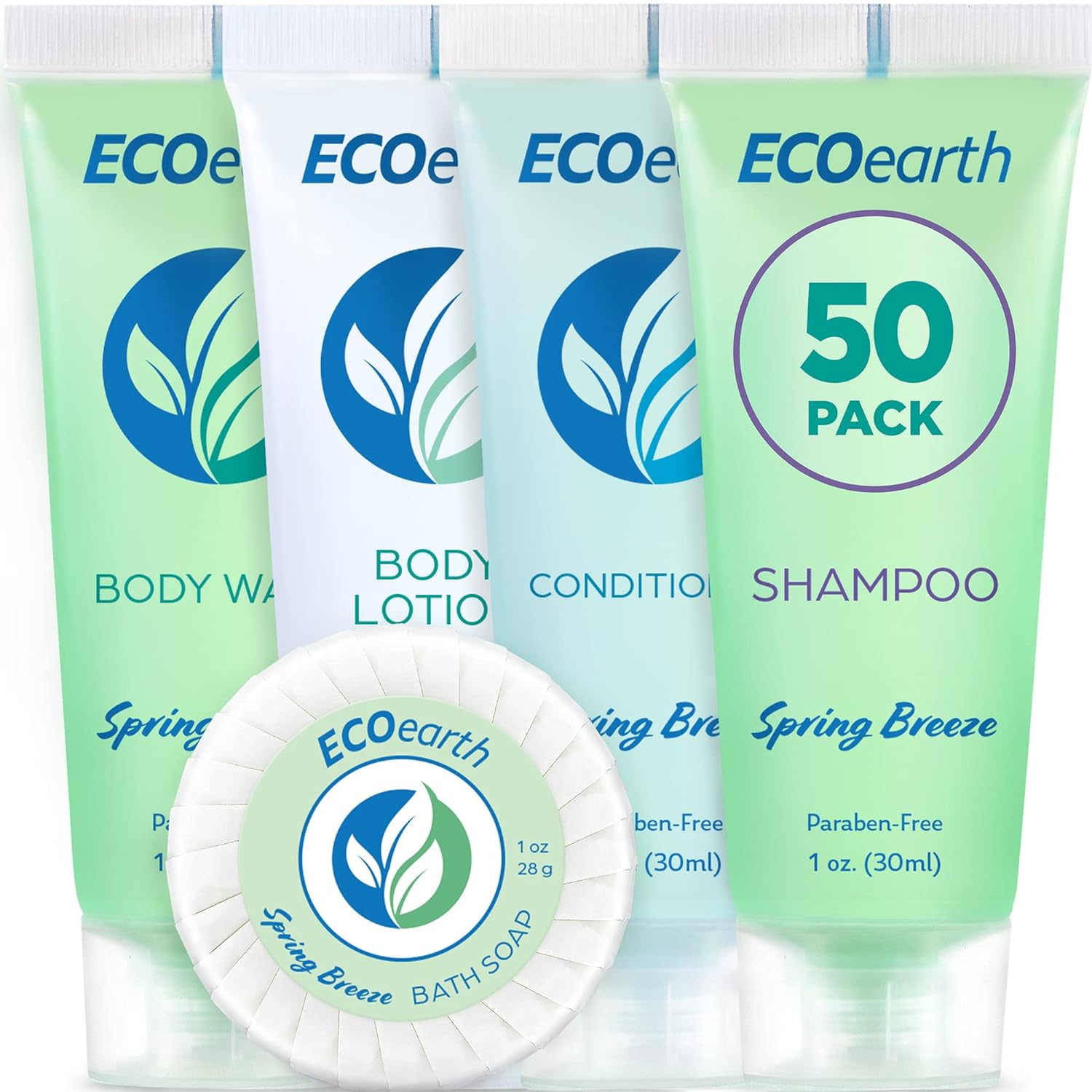 EcoEarth Hotel Toiletries Bundle (Spring Breeze, 1  each, 250 Pieces) 5-Piece Set: 50 each Round Bar Soap, Shampoo, Conditioner, Body Lotion & Body Wash - Bulk Mini Guest Amenities