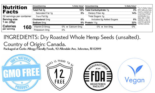 Roasted Unsalted Hemp Seeds In Shell by Gerbs - Top 14 Food Allergen Free & Non GMO - Vegan & Kosher