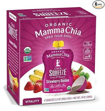 Mamma Chia Organic Vitality Squeeze Snack, Strawberry Banana, 4 Count Chia, Fruit and Vegetables with only 70 Calories