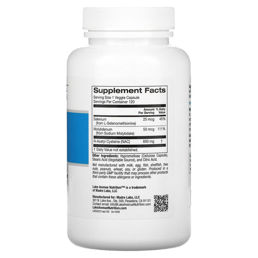 Lake Avenue Nutrition, NAC, N-Acetyl Cysteine with Selenium & Molybdenum, 600 mg Veggie Capsules