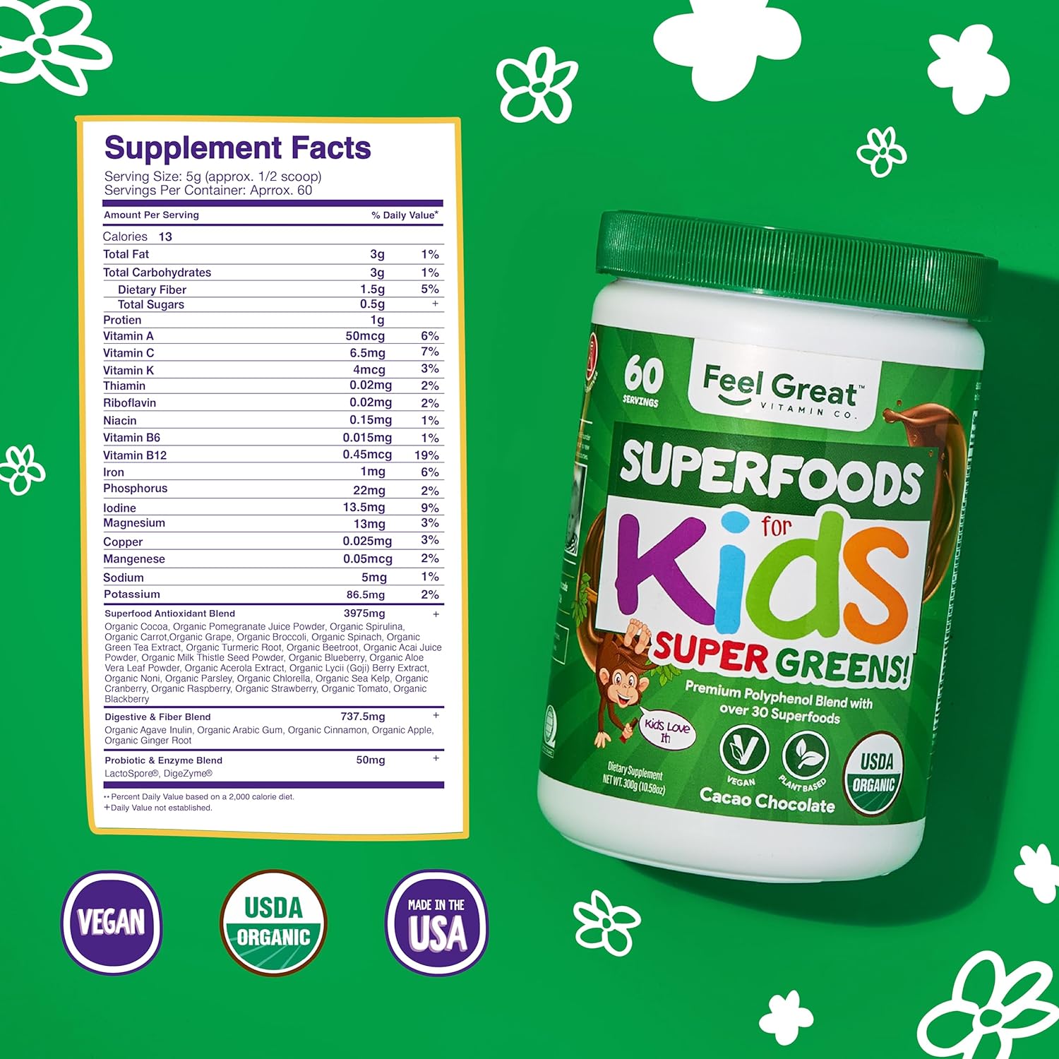 Feel Great USDA Organic Super Greens for Kids | Vegan Chocolate Greens