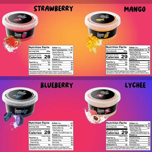 Premium Popping Boba Pearls Boba Popping Pearls with Real Fruit Juice Bursting Boba Popping Tapioca Pearls Boba Tea Kit for Kids Strawberry Lychee Jelly Passion Fruit Blueberry (4 Flavors )