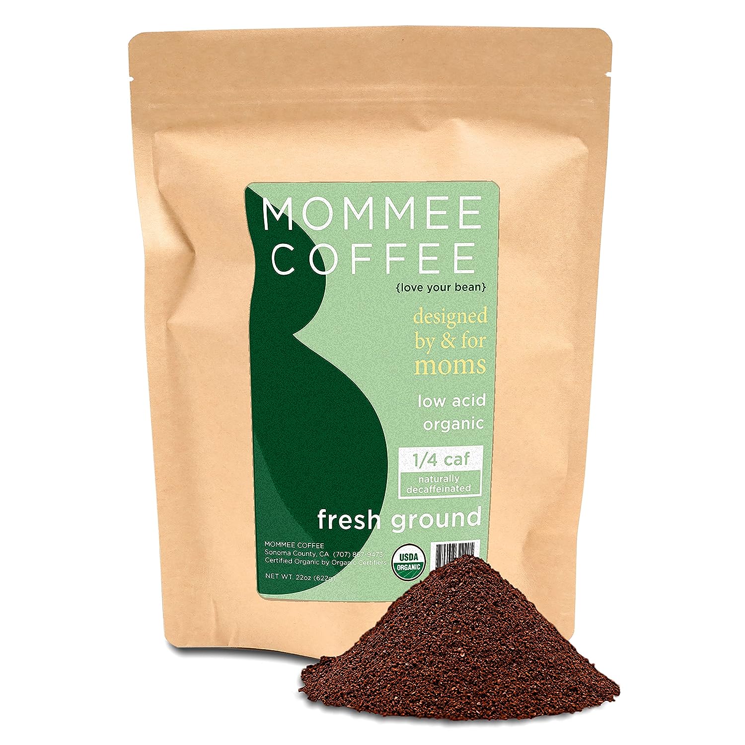 Mommee Coffee - Quarter Caf | Low Acid, Organic, Fair Trade, Water Processed | Ground