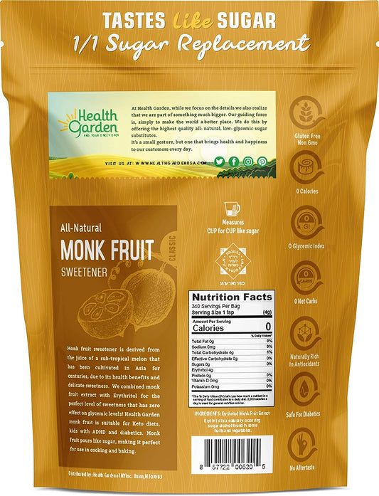 Health Garden Monk Fruit Sweetener, Classic - Non GMO - Gluten Free - Sugar Substitute - Kosher - Keto Friendly (3 lbs)
