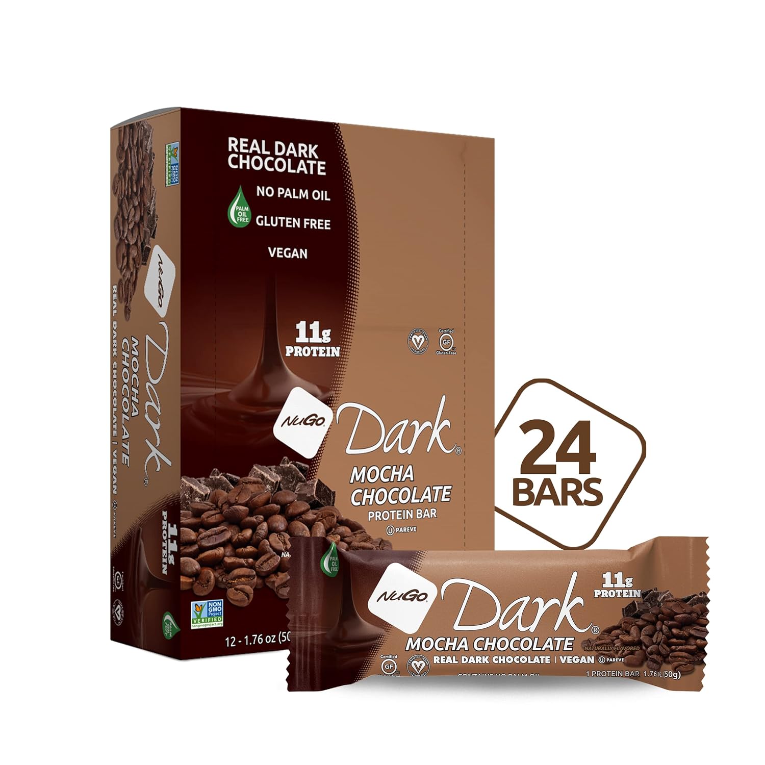 NuGo Dark Chocolate Mocha, 11g Vegan Protein, 200 Calorie, Gluten Free