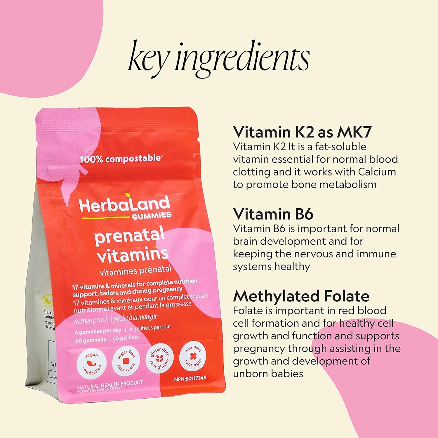 Herbaland Vegan Prenatal Gummies - 17 Vitamins & Minerals for Supporti