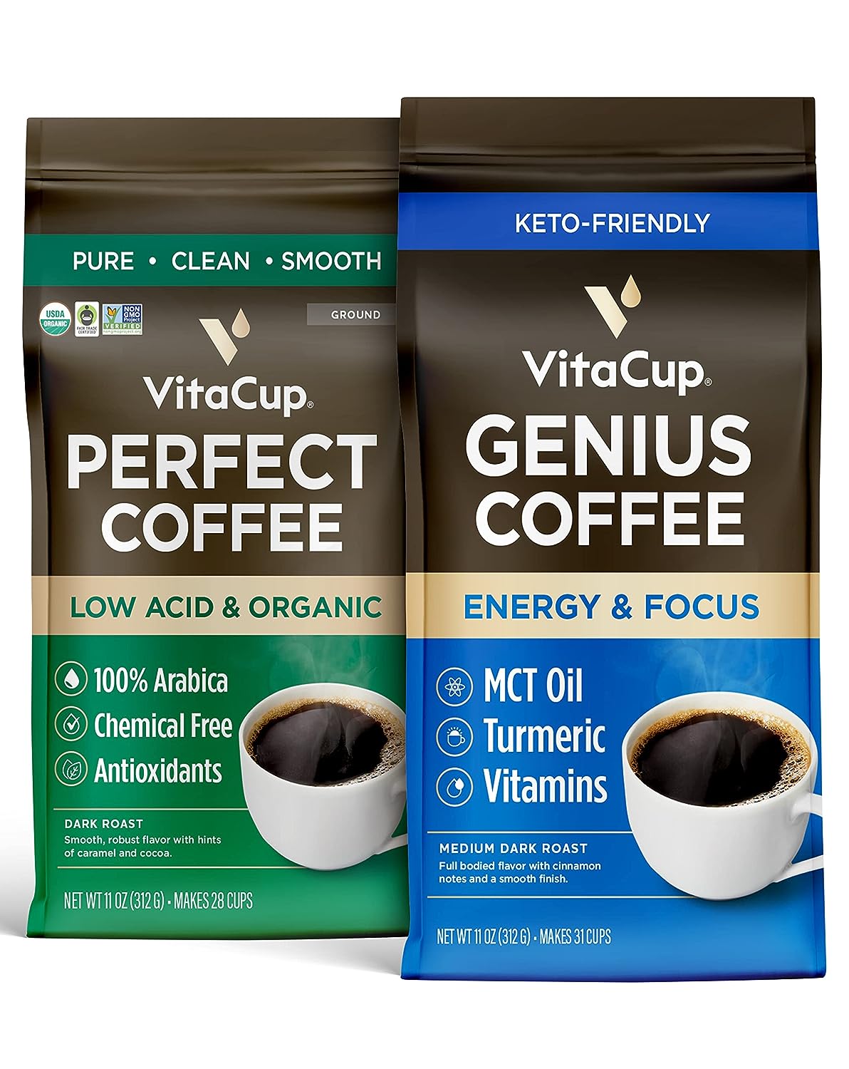 VitaCup Perfect Low Acid Ground Coffee & Genius Keto Ground Coffee,  Bundle | Infused with Superfoods (MCT Oil, Turmeric, Vitamins) for Energy & Focus