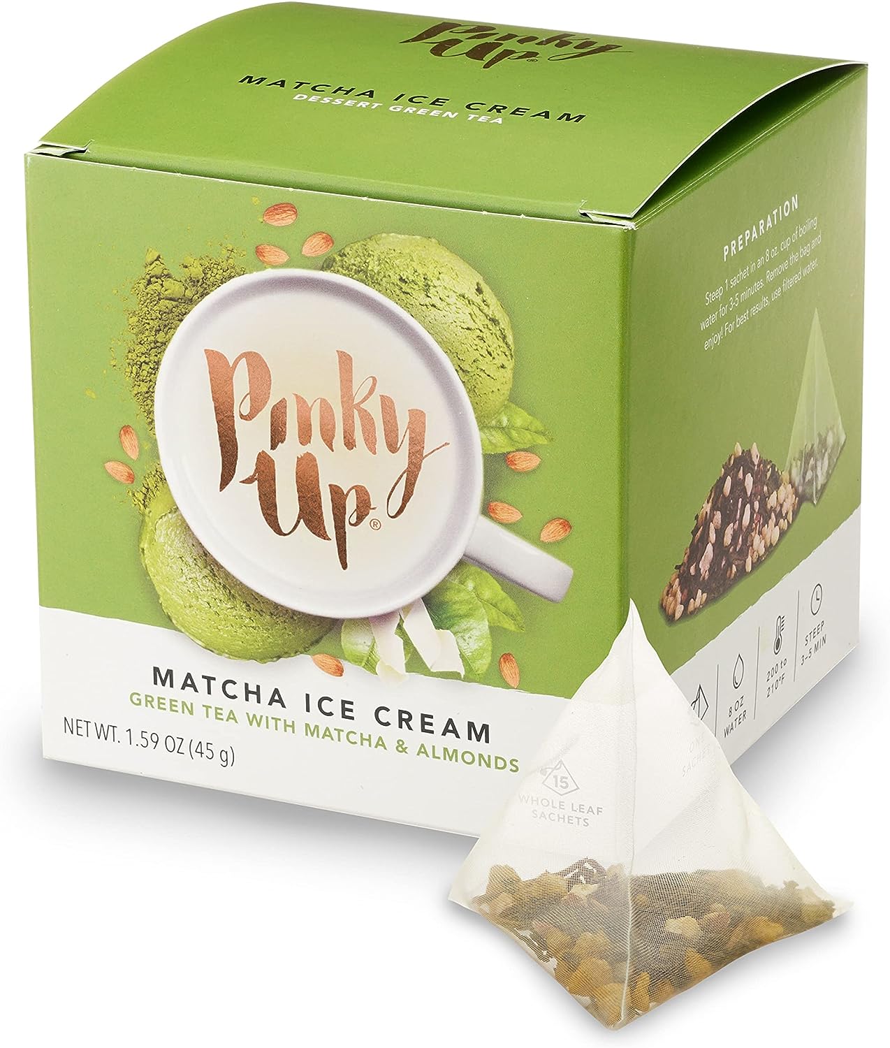 Pinky Up Matcha Ice Cream Whole Leaf Pyramid Tea Sachets - 30 mg Caffeine Per Serving, NON-GMO & Gluten Free, Certified Kosher - 15 Biodegradable Tea Bags