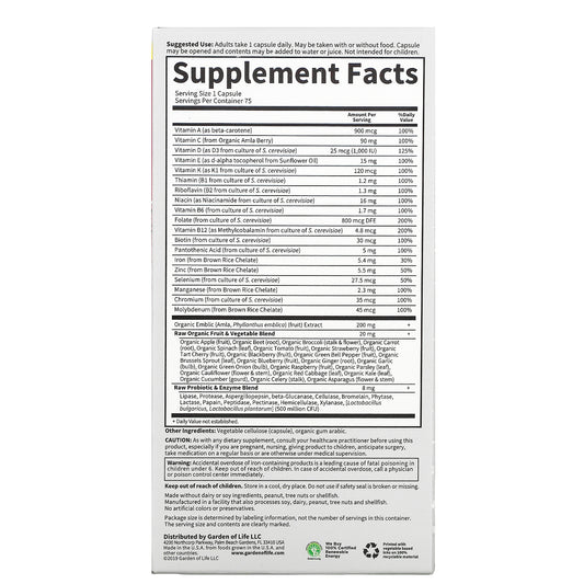 Garden Of Life Vitamin Code Raw One Once Daily Multivitamin Capsules, Fruits, Veggies, Probiotics For Womens Health, Vegetarian, Gluten Free