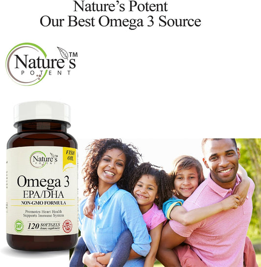 Nature's Potent Omega 3 Fish Oil 1000mg EPA/DHA Supplement for Heart Health, 120 Softgels