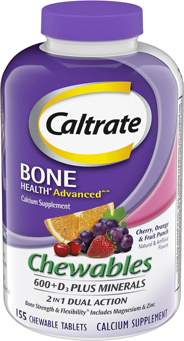 Caltrate Calcium & Vitamin D3 Supplement 600+D3 Plus Minerals Chewable Tablet, 600mg (Cherry, Orange, and Fruit Punch Fl