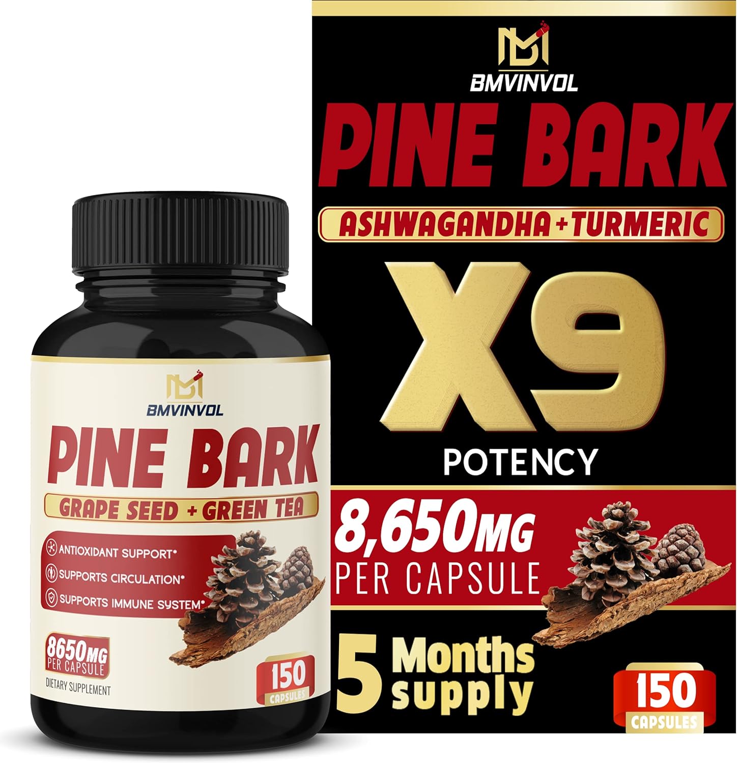 BMVINVOL (5 Months Supply) Pine Bark Extract Capsules 8650 mg - Supports Heart Health, Circulatory Health, Skincare - Ma