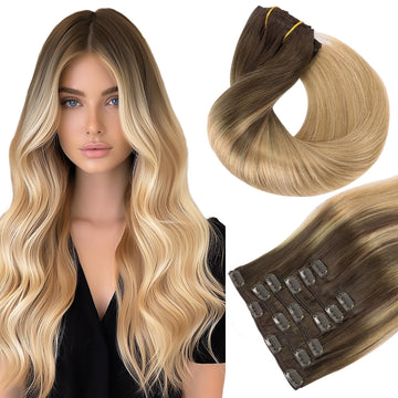 HOTBANANA Clip in Hair Extensions, 14 Inch Clip in Hair Extensions Real Human Hair 7pcs 115g Chocolate Brown to Dirty Blonde Remy Human Hair Clip in Hair Extensions Straight Hair Extensions