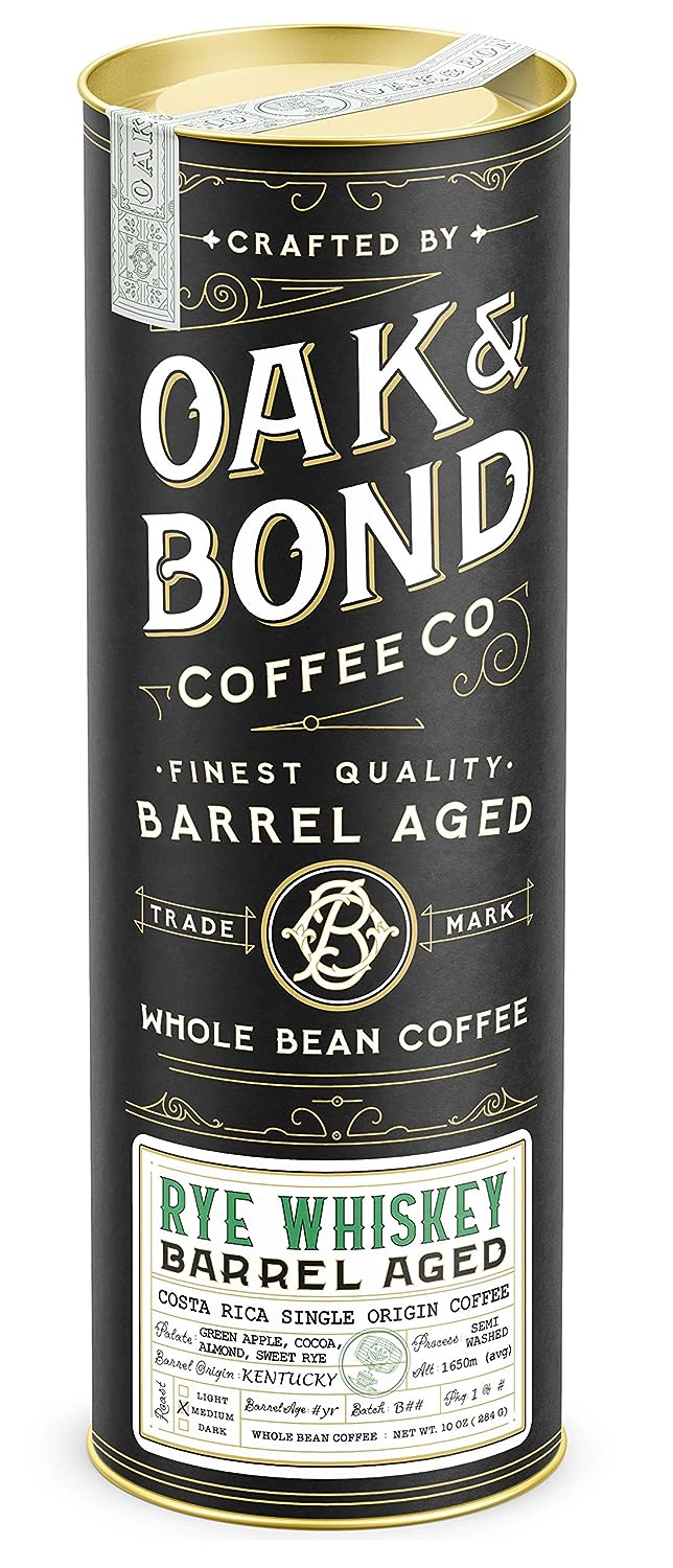 Rye Whiskey Barrel Aged Coffee, Costa Rica Single Origin Small Family Farm Whole Coffee Bean, Medium Roast w/ Flavor Notes of Cocoa, Almond, Sweet Rye, Green Apple by Oak & Bond Coffee Co