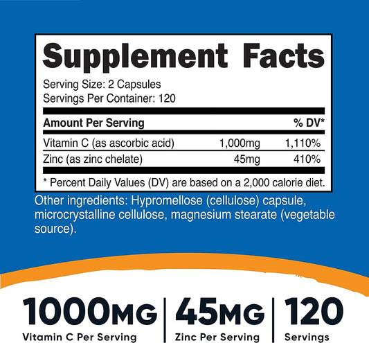 Nutricost Vitamin C with Zinc Capsules, 120 Servings - 1000mg , 45mg Zinc, Non-GMO, Gluten Free Supplement