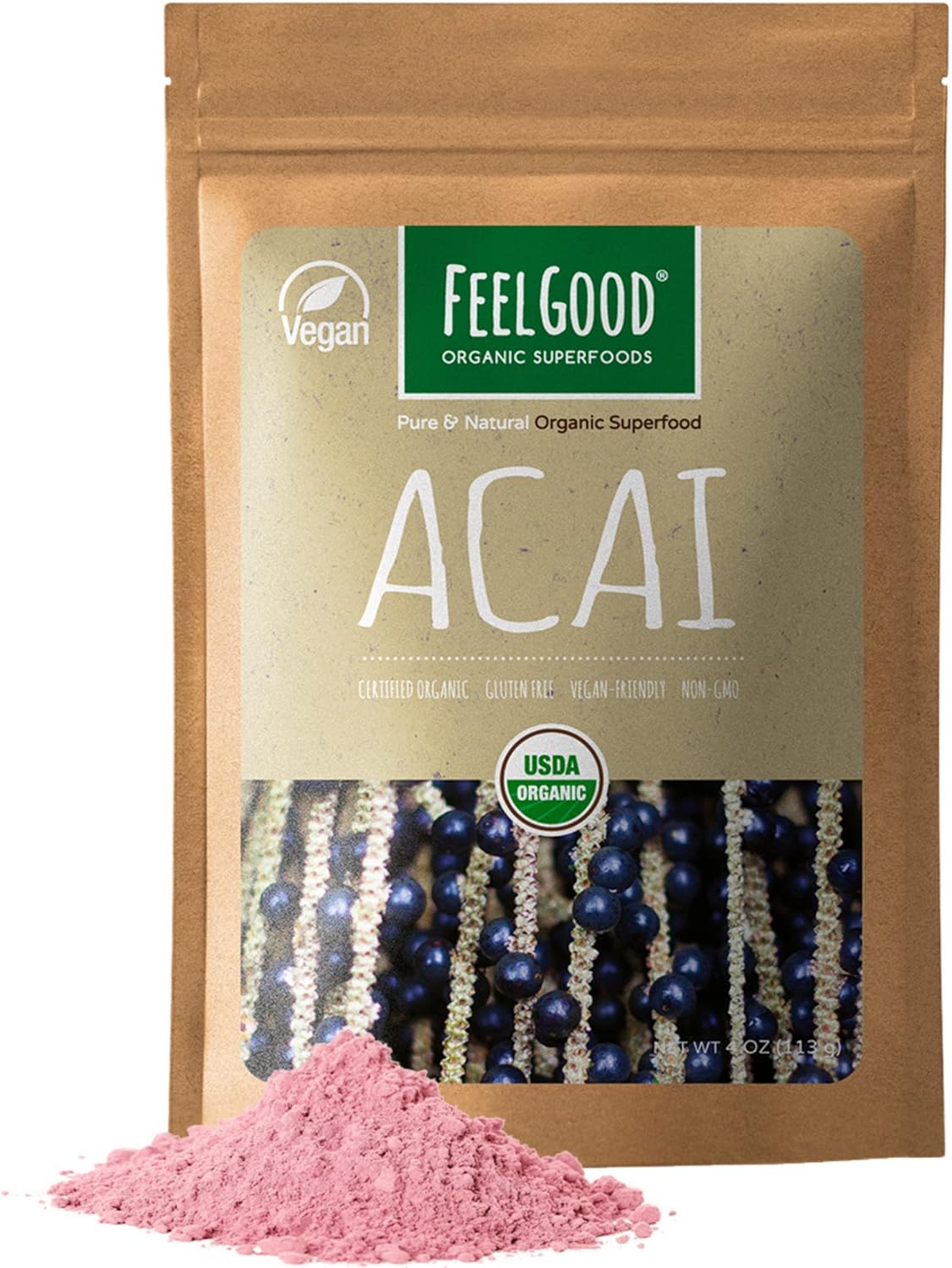 Feelgood Organic Superfoods Acai Powder, Vegan, Non-Gmo, Gluten Free, 4.52 Ounces