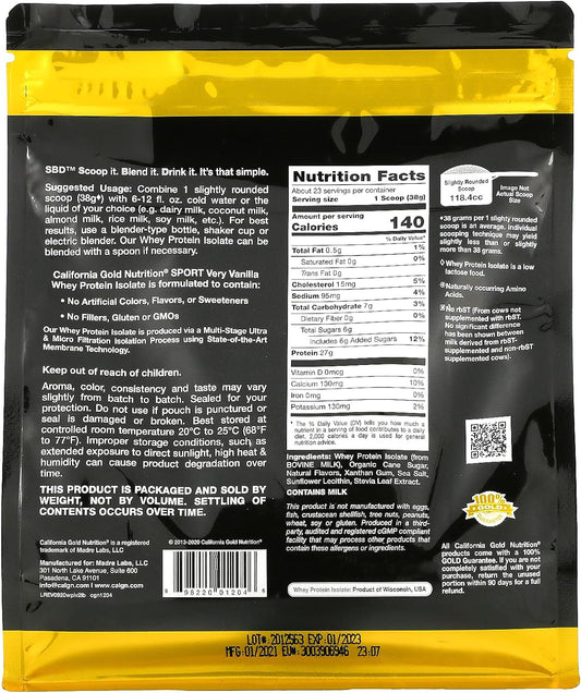 California Gold Nutrition Very Vanilla Whey Protein Isolate, 2 lbs (90