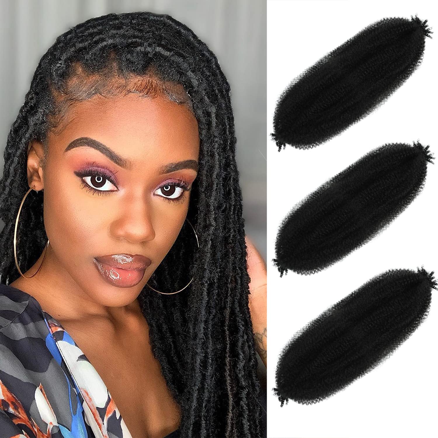 Springy Afro Twist Hair 16 Inch 3 Packs Black Color Pre uffed Marley Twist Braiding Hair (16inch, 1B)
