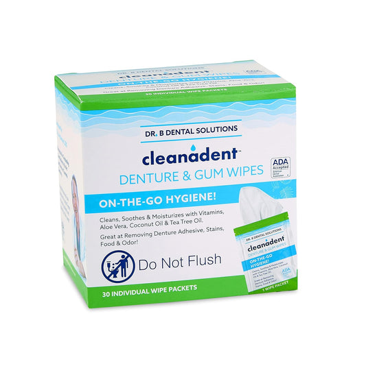 Dr. B Dental Solutions Cleanadent Dental Wipes, Denture Cleaner Removes Adhesives, Food, Stains, and Odor 30 Count Pack