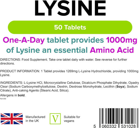 Lindens Lysine 1000mg Tablets - 50 Pack - Each Tablet Yields 1000mg Fr31.75 Grams