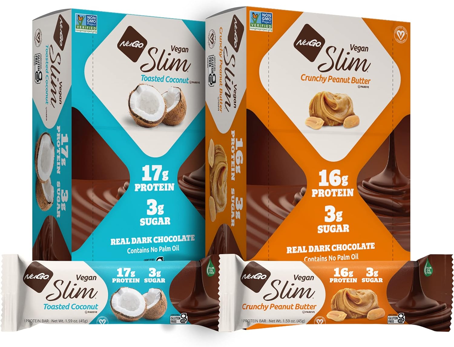 NuGo Slim 24ct Vegan Variety - Crunchy Peanut Butter 12 bars & Toasted4 Pounds