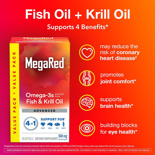 Megared Omega 3 Fish Oil & Antarctic Krill Oil Softgels for Brain, Heart, Joints & Eye Support, (80 Count Bottle), Conce