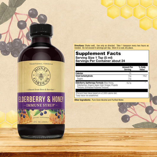Honey Gardens Elderberry Syrup with Apitherapy Raw Honey, Propolis & E