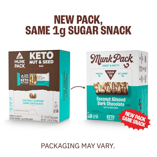 Munk Pack Nut & Seed Bar Coconut Almond Dark Chocolate | 1g Sugar, Low Carb & Keto, 3g Protein | Gluten Free, Plant Base