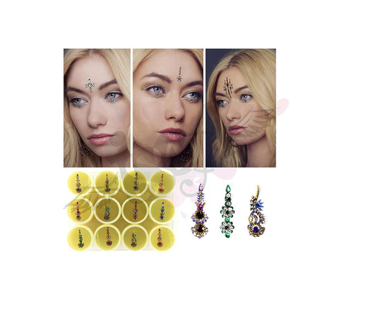 IS4A Long Multicolored Crystal Bindis Tattoo Stickers Adhesive Body Jewelry Multi Size Forehead Indian Daily Use Bindi (Set of 12)