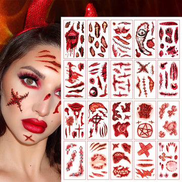 YOKSAS Halloween Wounds Scars Temporary Tattoo,20 Sheets Horror Bloody Kids Adults Face Makeup Tattoos