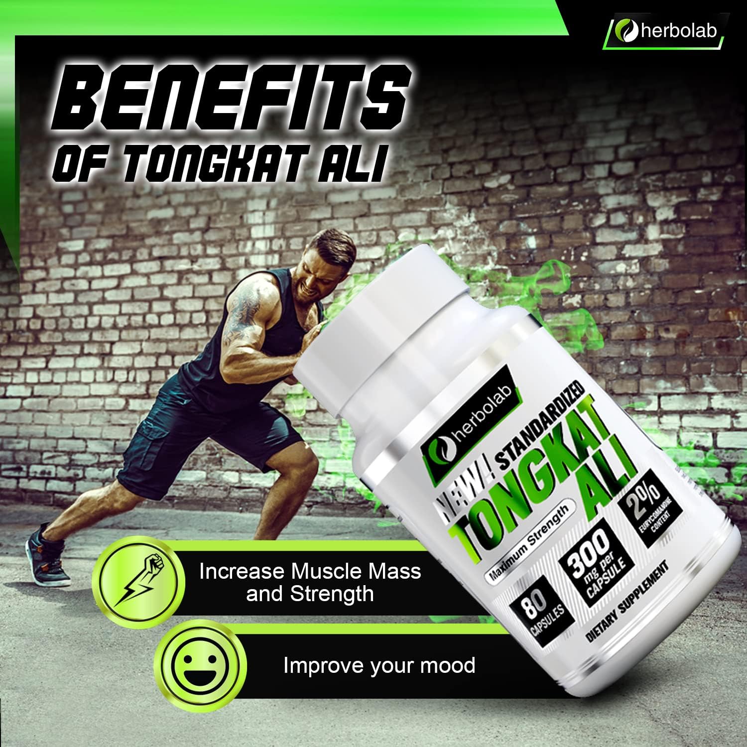 herbolab Tongkat Ali Root Extract Capsules 200:1, Standardized to 2% E
