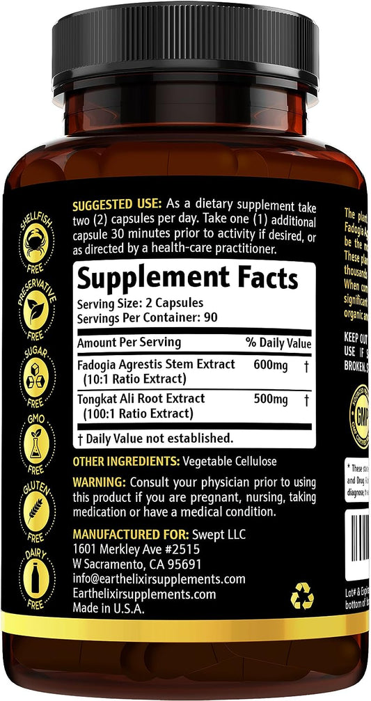 Earth Elixir Fadogia Agrestis 600mg and Tongkat Ali 500mg Supplements (180 Capsules) - Made in USA - 3 Month Supply ? 3r