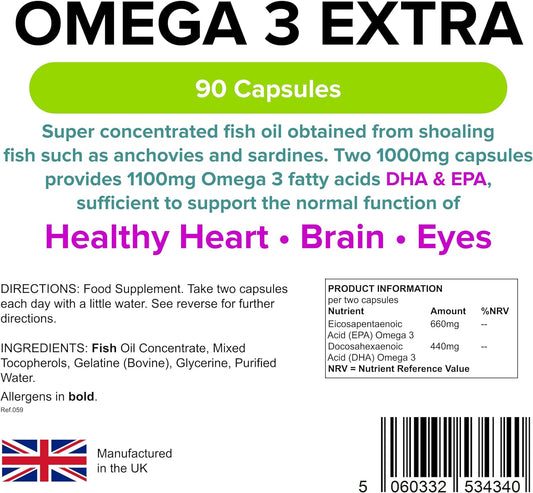 Lindens Omega 3 Extra Fish Oil 1000mg Capsules - 90 Pack - 1100mg Omeg120 Grams