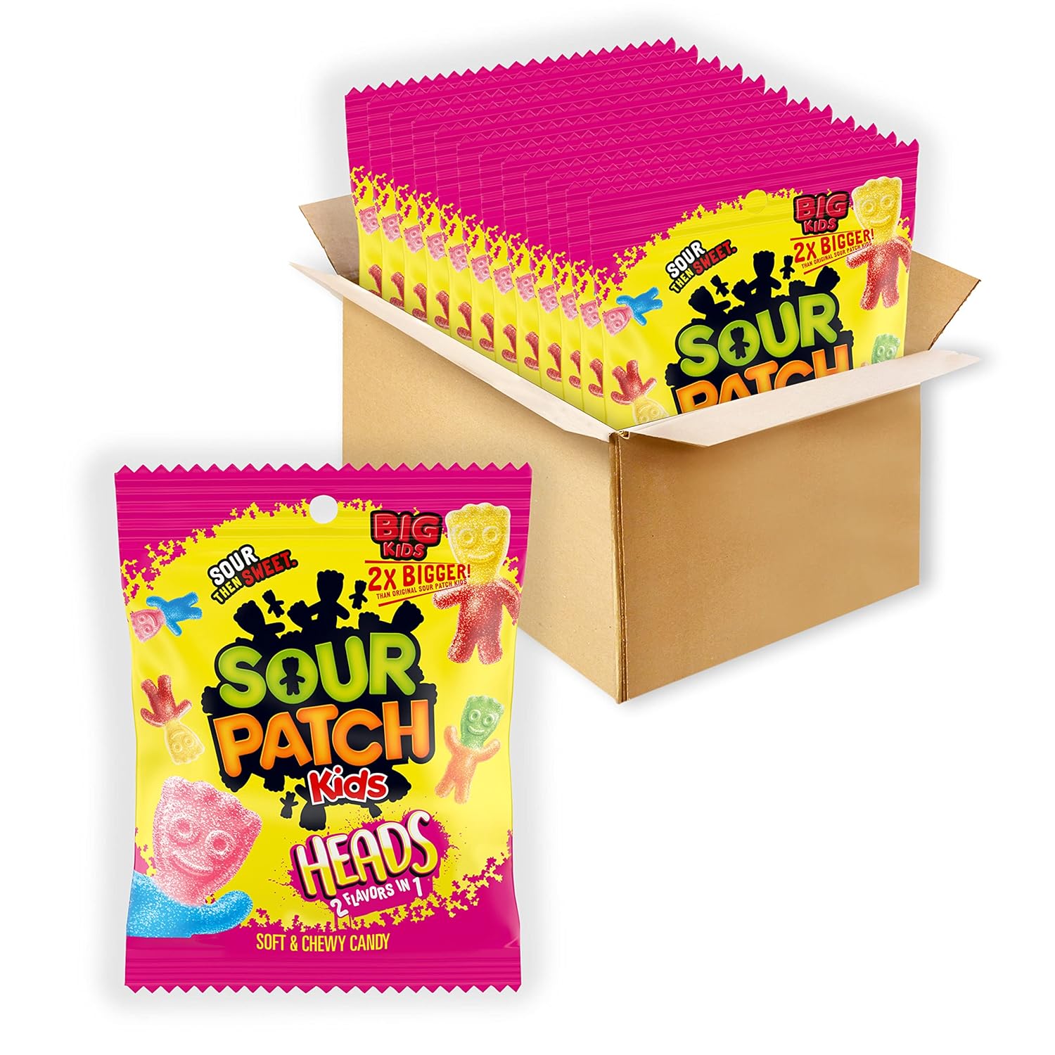 SOUR PATCH KIDS Heads 2 Flavors in 1 Soft & Chewy Candy, 12 - 5 oz Bags