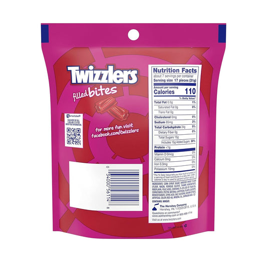 TWIZZLERS Filled Bites Strawberry Flavored Chewy Candy, Low Fat, 8 oz Resealable Bag